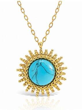Sunburst 18K Gold Plated Stainless Steel Necklace with Turquoise Stone